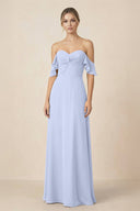 Off-the-Shoulder A-Line Chiffon Ruched Bridesmaid Dress in Ice - SHE IS ME BRIDESMAID DRESSES