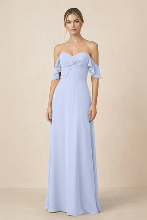 Off-the-Shoulder A-Line Chiffon Ruched Bridesmaid Dress in Ice - SHE IS ME BRIDESMAID DRESSES