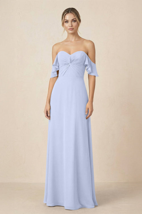 Off-the-Shoulder A-Line Chiffon Ruched Bridesmaid Dress in Ice - SHE IS ME BRIDESMAID DRESSES