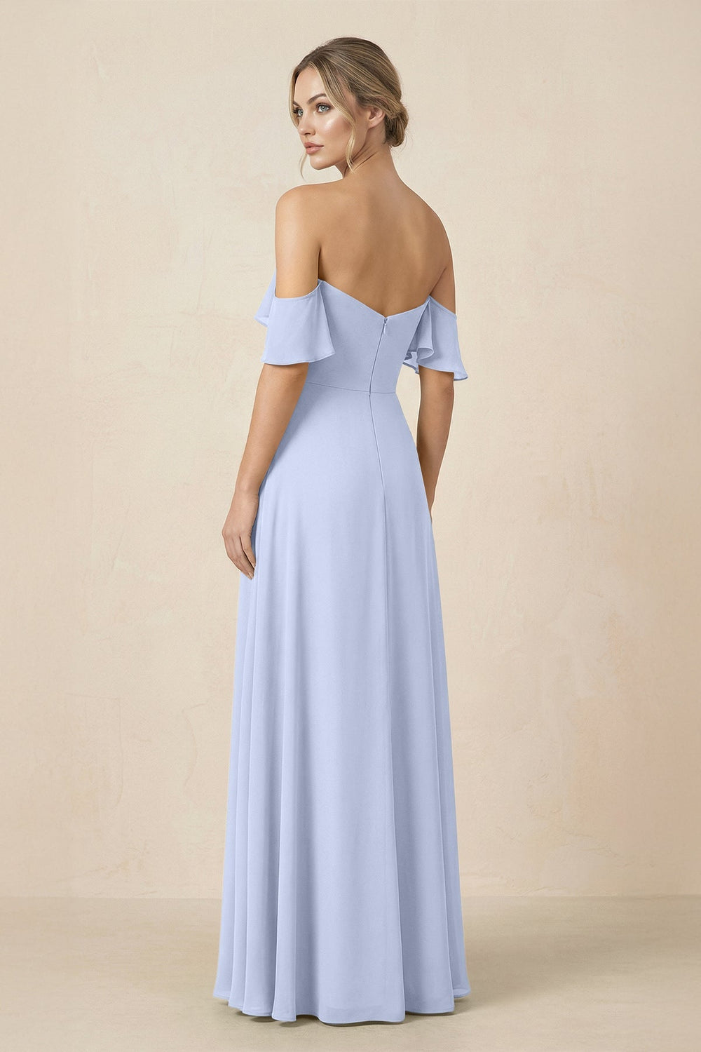 Off-the-Shoulder A-Line Chiffon Ruched Bridesmaid Dress in Ice - KISS BRIDAL BRIDESMAID DRESSES