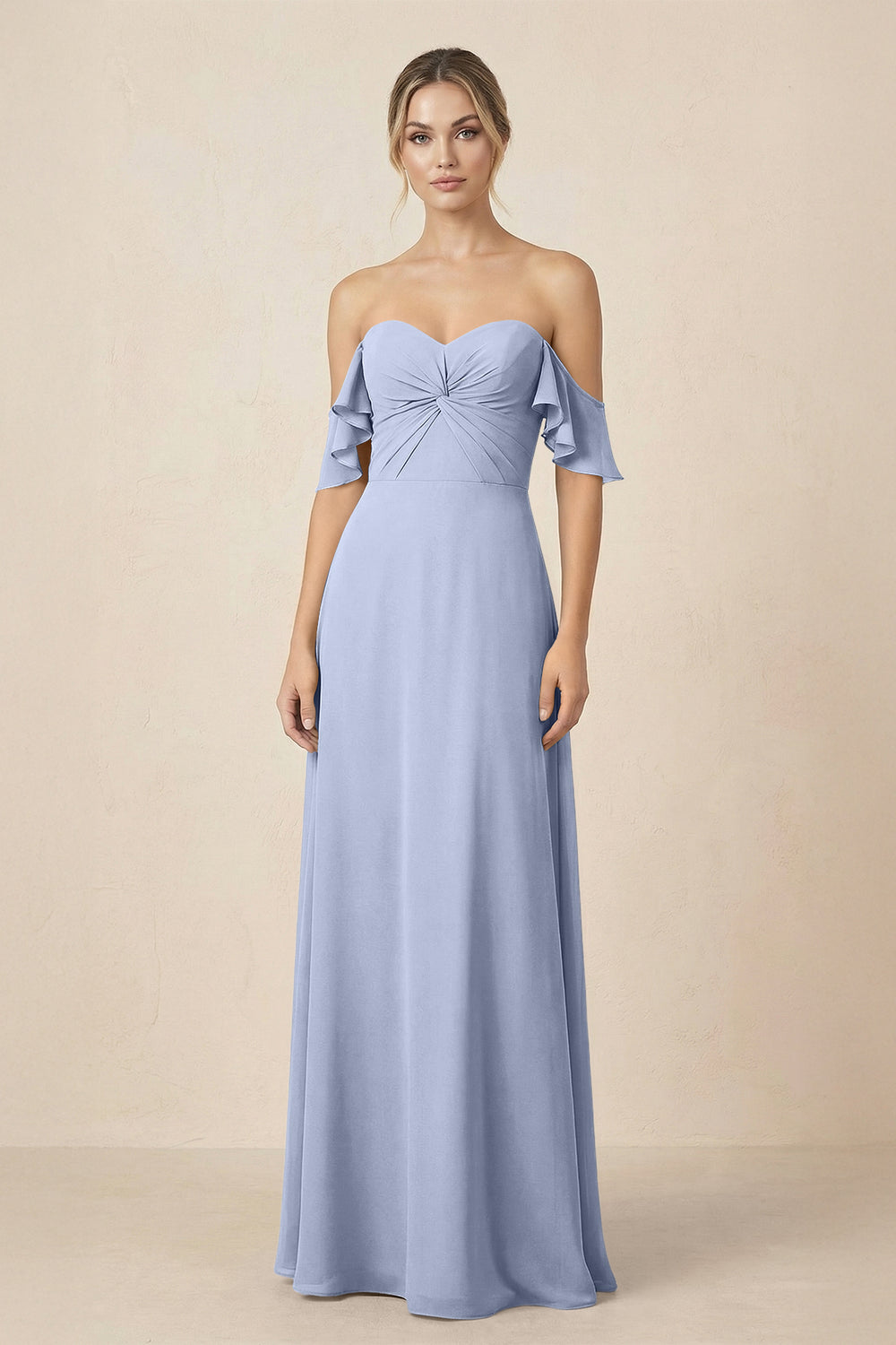 Off-the-Shoulder A-Line Chiffon Ruched Bridesmaid Dress in Ice