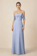 Off-the-Shoulder A-Line Chiffon Ruched Bridesmaid Dress in Ice | KISSBRIDAL
