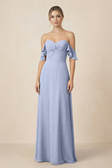 Off-the-Shoulder A-Line Chiffon Ruched Bridesmaid Dress in Ice | KISSBRIDAL