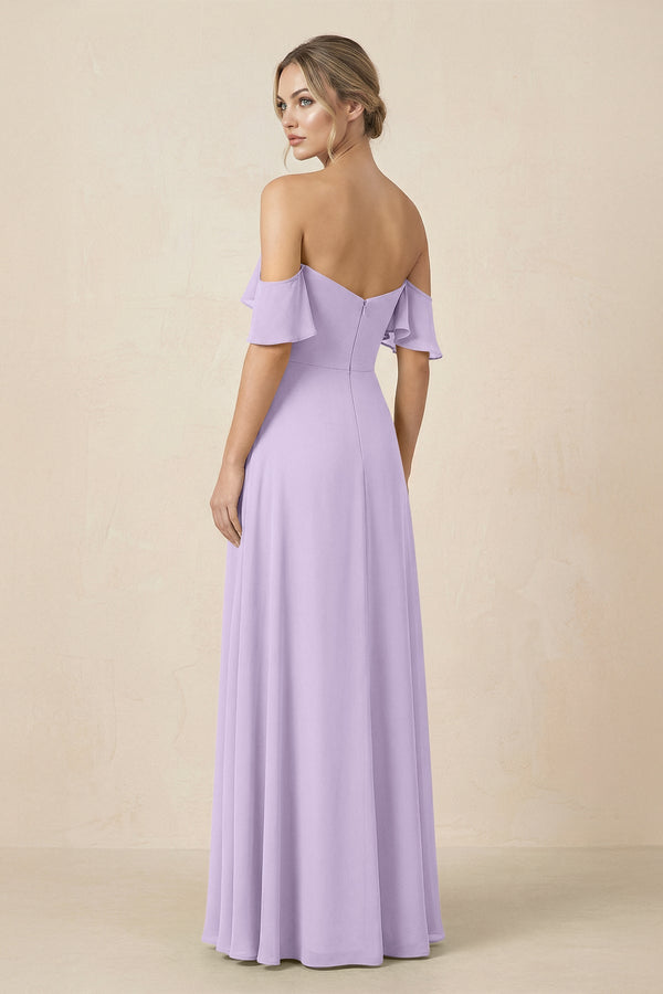 Off-the-Shoulder A-Line Chiffon Ruched Bridesmaid Dress in Lavender - SHE IS ME BRIDESMAID DRESSES