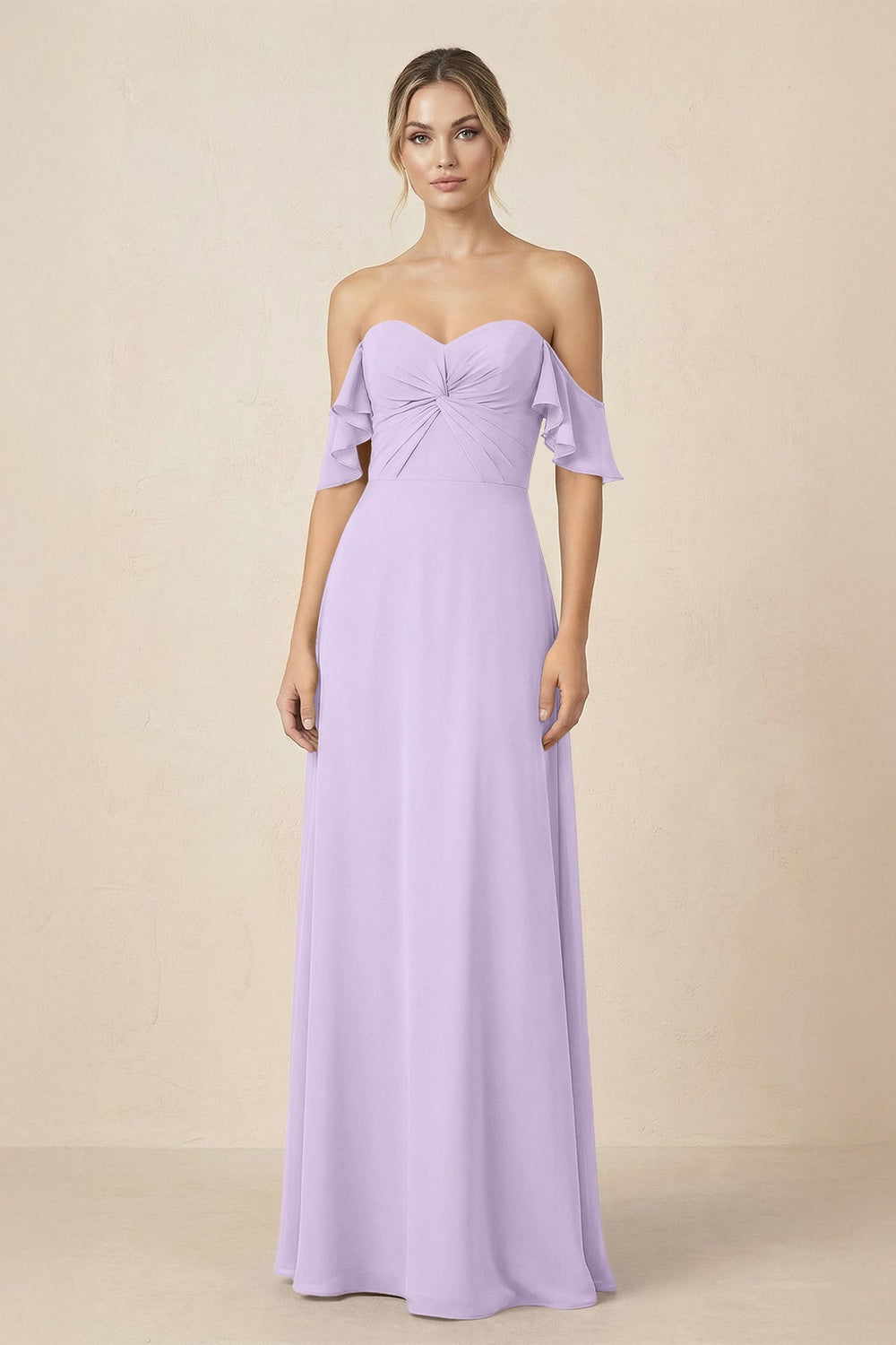 Off-the-Shoulder A-Line Chiffon Ruched Bridesmaid Dress in Lavender - KISS BRIDAL BRIDESMAID DRESSES