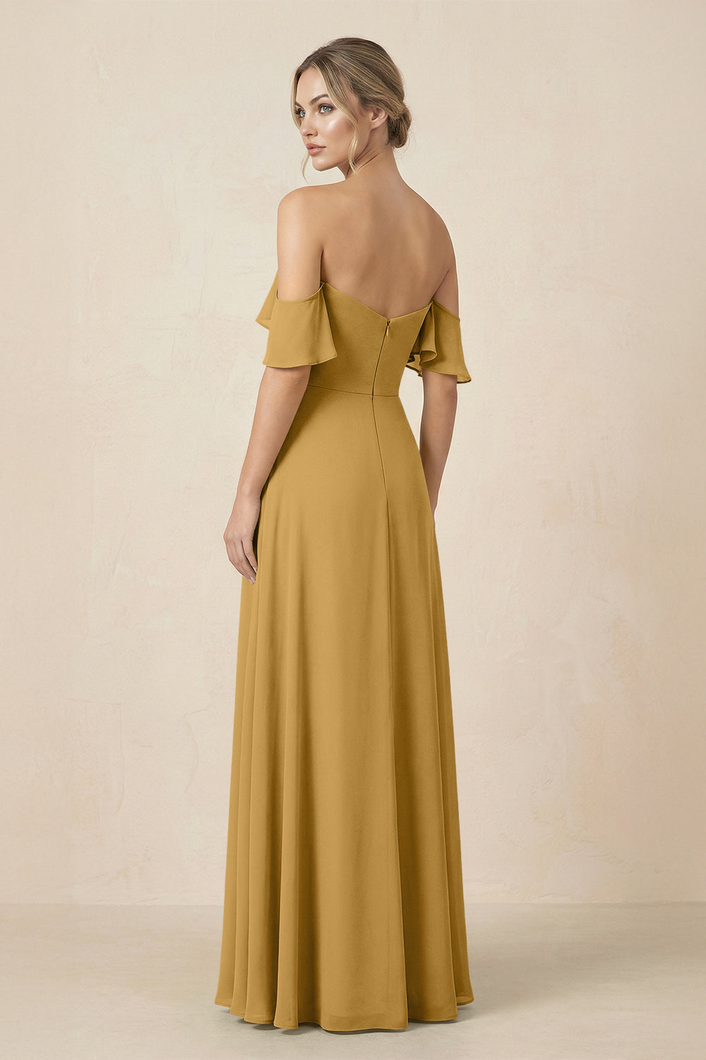 Off-the-Shoulder A-Line Chiffon Ruched Bridesmaid Dress in Marigold