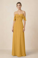Off-the-Shoulder A-Line Chiffon Ruched Bridesmaid Dress in Marigold - SHE IS ME BRIDESMAID DRESSES