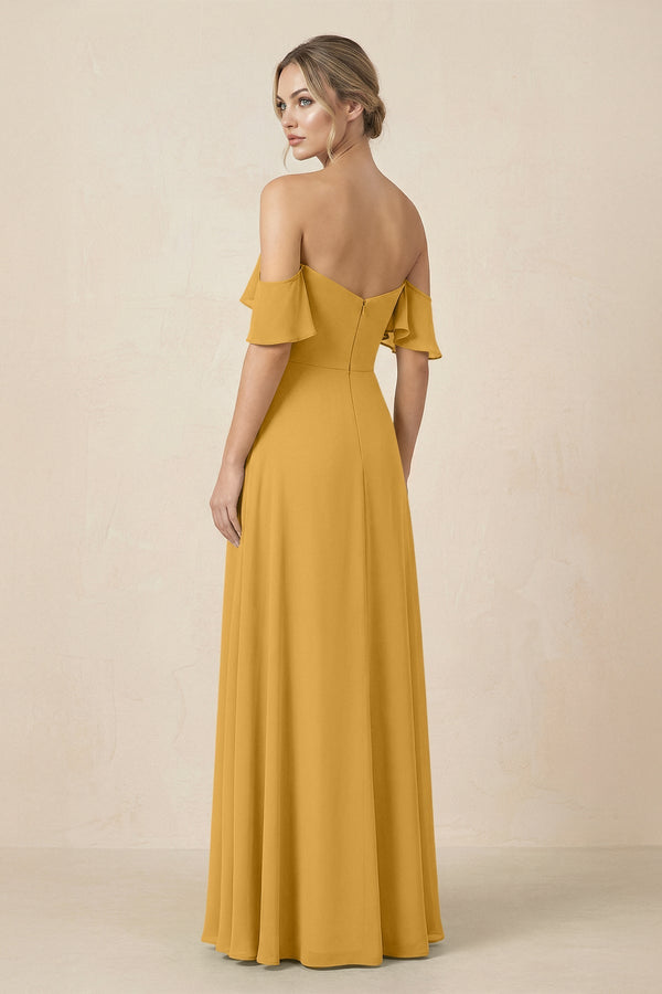 Off-the-Shoulder A-Line Chiffon Ruched Bridesmaid Dress in Marigold - SHE IS ME BRIDESMAID DRESSES