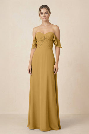 Off-the-Shoulder A-Line Chiffon Ruched Bridesmaid Dress in Marigold | KISSBRIDAL