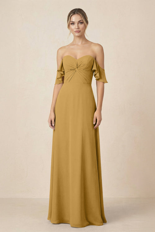 Off-the-Shoulder A-Line Chiffon Ruched Bridesmaid Dress in Marigold | KISSBRIDAL