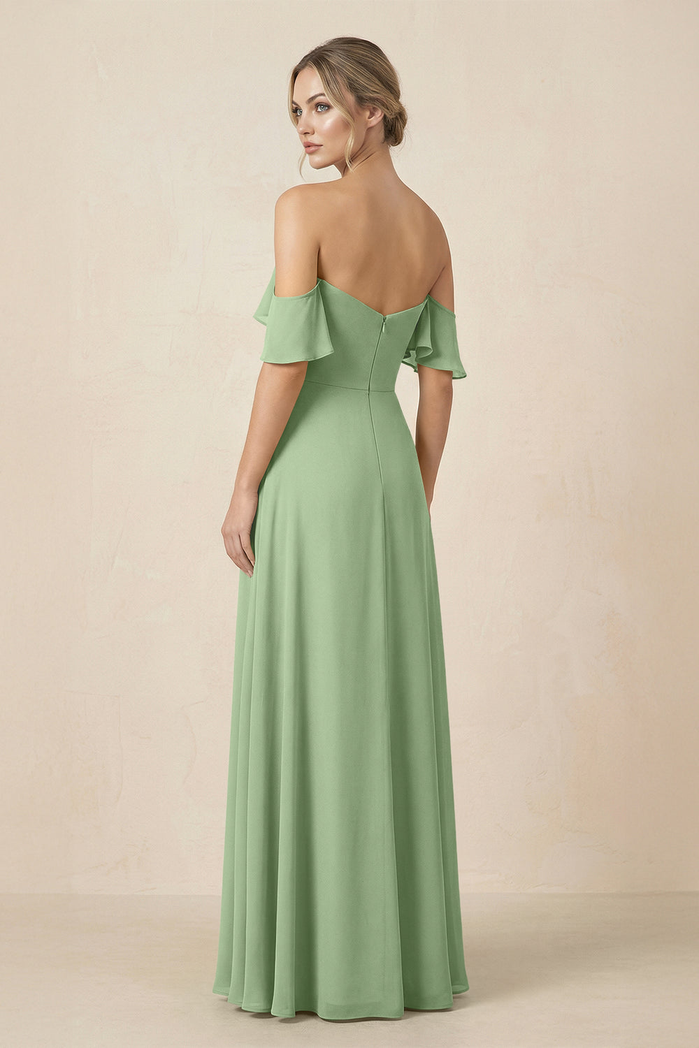 Off-the-Shoulder A-Line Chiffon Ruched Bridesmaid Dress in Matcha