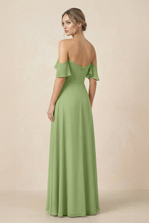 Off-the-Shoulder A-Line Chiffon Ruched Bridesmaid Dress in Matcha - SHE IS ME BRIDESMAID DRESSES