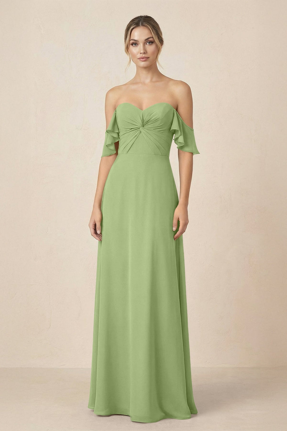 Off-the-Shoulder A-Line Chiffon Ruched Bridesmaid Dress in Matcha - KISS BRIDAL BRIDESMAID DRESSES