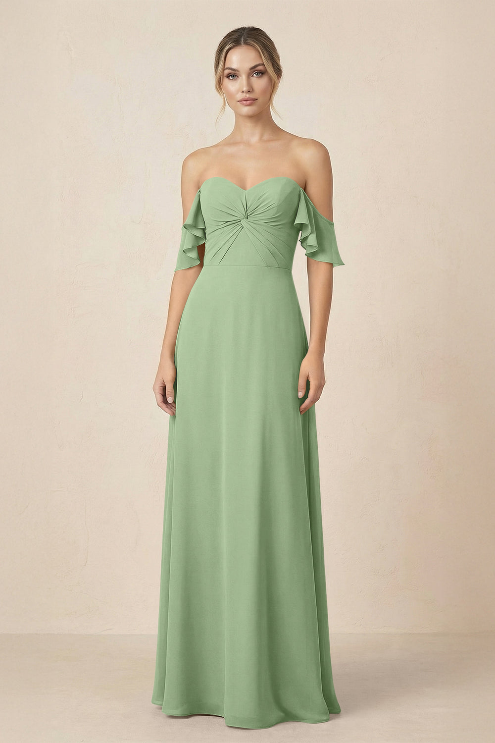 Off-the-Shoulder A-Line Chiffon Ruched Bridesmaid Dress in Matcha