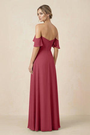 Off-the-Shoulder A-Line Chiffon Ruched Bridesmaid Dress in Merlot (2) | KISSBRIDAL
