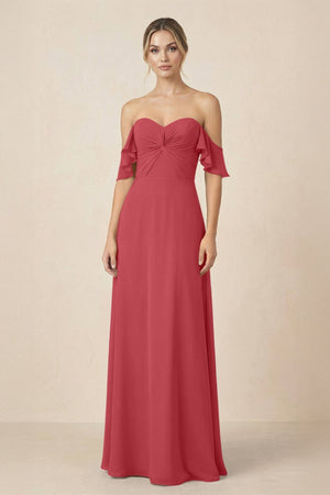 Off-the-Shoulder A-Line Chiffon Ruched Bridesmaid Dress in Merlot - SHE IS ME BRIDESMAID DRESSES
