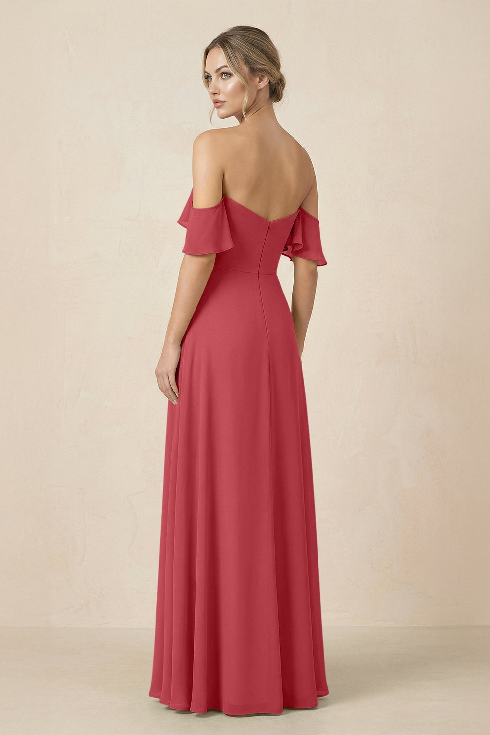 Off-the-Shoulder A-Line Chiffon Ruched Bridesmaid Dress in Merlot - KISS BRIDAL BRIDESMAID DRESSES