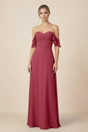 Off-the-Shoulder A-Line Chiffon Ruched Bridesmaid Dress in Merlot | KISSBRIDAL