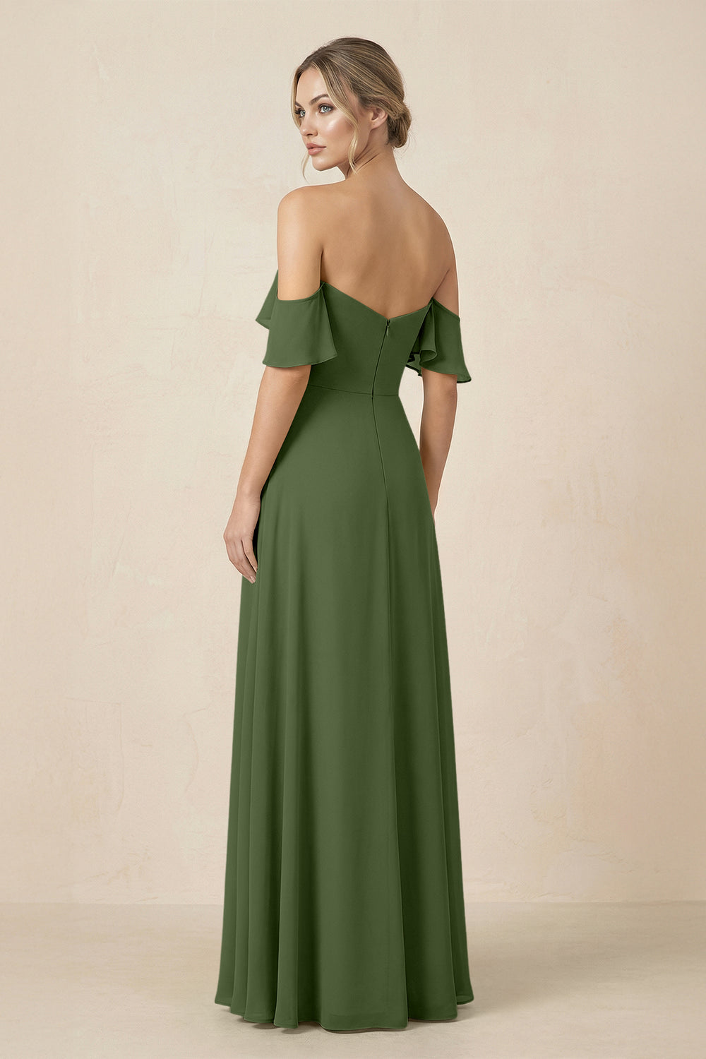 Off-the-Shoulder A-Line Chiffon Ruched Bridesmaid Dress in Moss