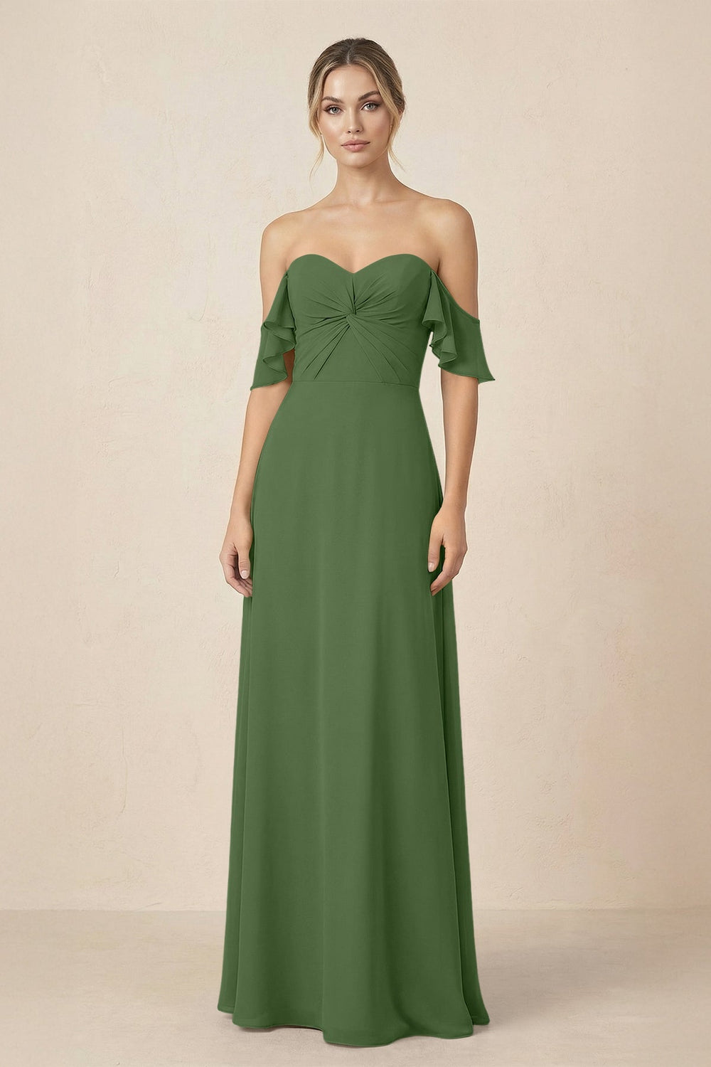 Off-the-Shoulder A-Line Chiffon Ruched Bridesmaid Dress in Moss - KISS BRIDAL BRIDESMAID DRESSES