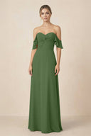 Off-the-Shoulder A-Line Chiffon Ruched Bridesmaid Dress in Moss - SHE IS ME BRIDESMAID DRESSES
