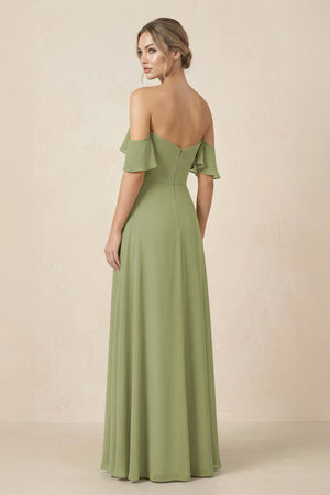 Off-the-Shoulder A-Line Chiffon Ruched Bridesmaid Dress in Moss Green - SHE IS ME BRIDESMAID DRESSES