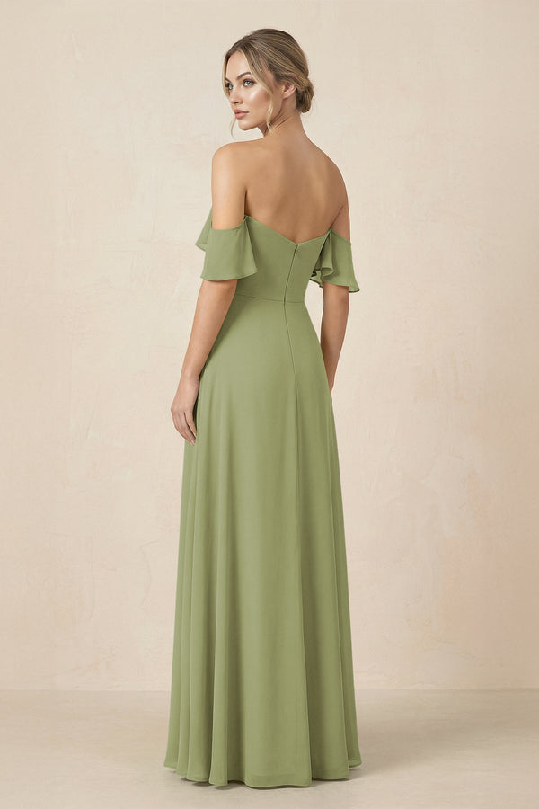 Off-the-Shoulder A-Line Chiffon Ruched Bridesmaid Dress in Moss Green - SHE IS ME BRIDESMAID DRESSES
