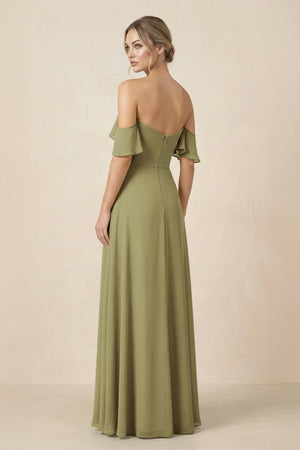 Off-the-Shoulder A-Line Chiffon Ruched Bridesmaid Dress in Moss Green (2) | KISSBRIDAL