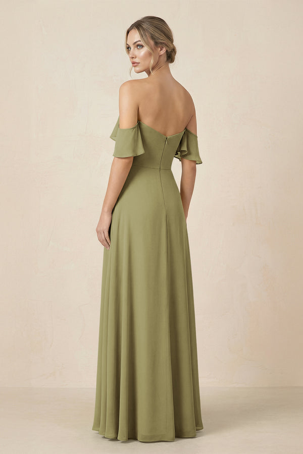 Off-the-Shoulder A-Line Chiffon Ruched Bridesmaid Dress in Moss Green (2) | KISSBRIDAL