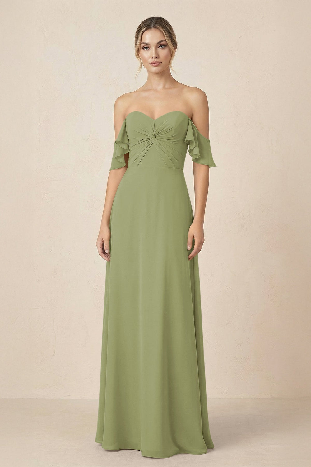 Off-the-Shoulder A-Line Chiffon Ruched Bridesmaid Dress in Moss Green - KISS BRIDAL BRIDESMAID DRESSES
