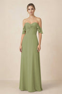 Off-the-Shoulder A-Line Chiffon Ruched Bridesmaid Dress in Moss Green - SHE IS ME BRIDESMAID DRESSES