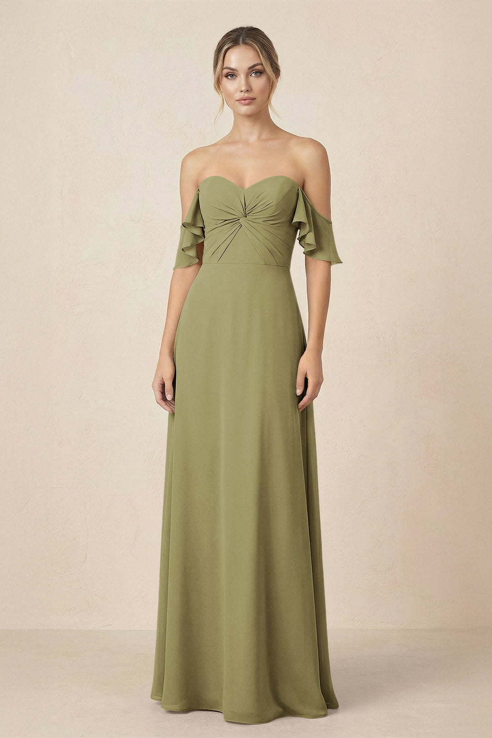 Off-the-Shoulder A-Line Chiffon Ruched Bridesmaid Dress in Moss Green