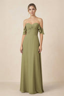 Off-the-Shoulder A-Line Chiffon Ruched Bridesmaid Dress in Moss Green | KISSBRIDAL