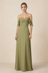Off-the-Shoulder A-Line Chiffon Ruched Bridesmaid Dress in Moss Green | KISSBRIDAL