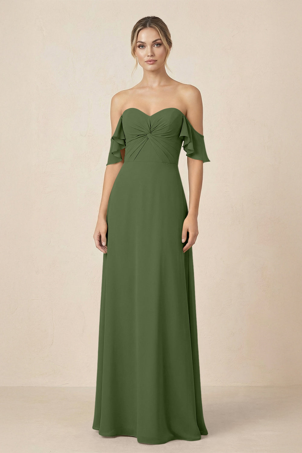 Off-the-Shoulder A-Line Chiffon Ruched Bridesmaid Dress in Moss