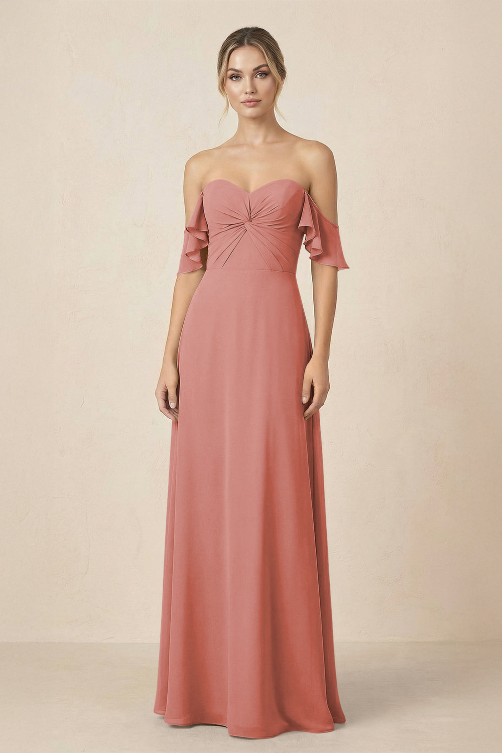Off-the-Shoulder A-Line Chiffon Ruched Bridesmaid Dress in Mulberry