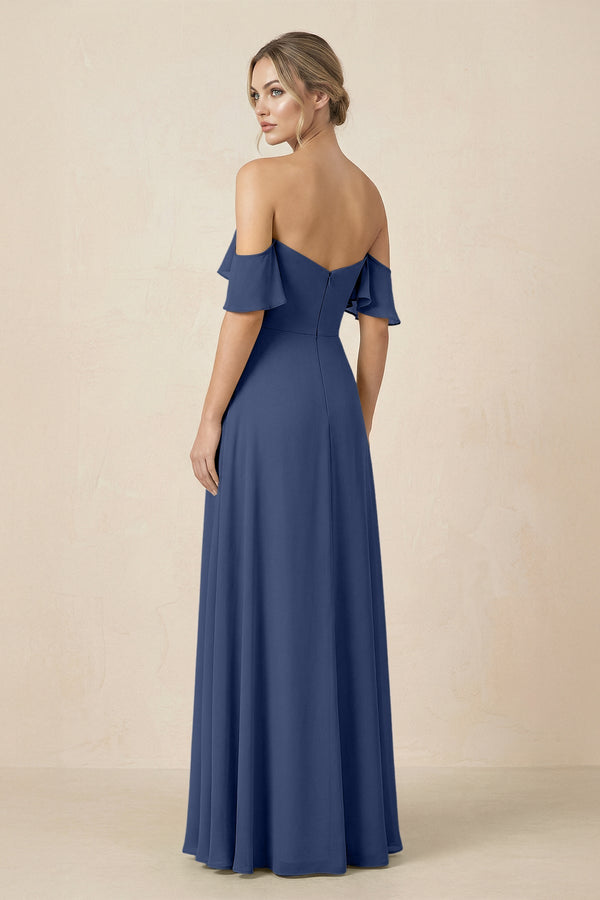 Off-the-Shoulder A-Line Chiffon Ruched Bridesmaid Dress in Navy - SHE IS ME BRIDESMAID DRESSES