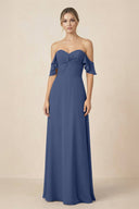 Off-the-Shoulder A-Line Chiffon Ruched Bridesmaid Dress in Navy - SHE IS ME BRIDESMAID DRESSES