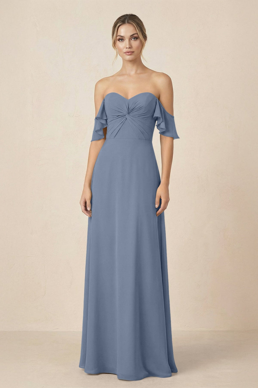 Off-the-Shoulder A-Line Chiffon Ruched Bridesmaid Dress in Neptune - KISS BRIDAL BRIDESMAID DRESSES