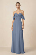 Off-the-Shoulder A-Line Chiffon Ruched Bridesmaid Dress in Neptune - SHE IS ME BRIDESMAID DRESSES