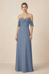 Off-the-Shoulder A-Line Chiffon Ruched Bridesmaid Dress in Neptune - KISS BRIDAL BRIDESMAID DRESSES