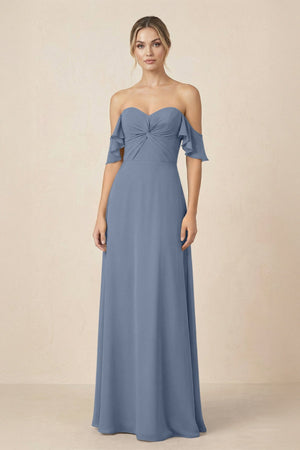 Off-the-Shoulder A-Line Chiffon Ruched Bridesmaid Dress in Neptune - SHE IS ME BRIDESMAID DRESSES
