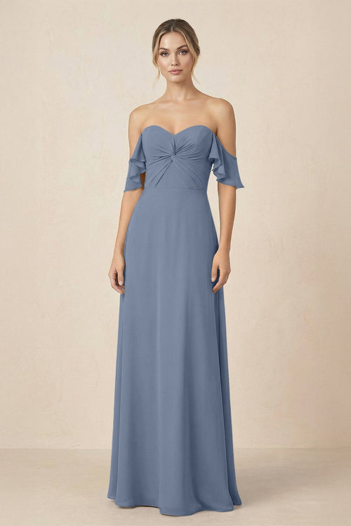 Off-the-Shoulder A-Line Chiffon Ruched Bridesmaid Dress in Neptune - SHE IS ME BRIDESMAID DRESSES