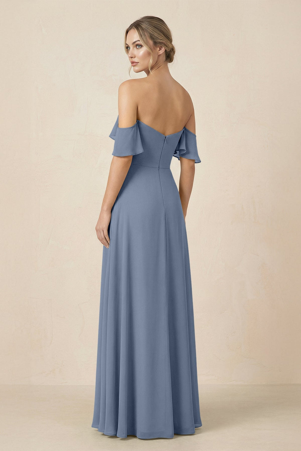 Off-the-Shoulder A-Line Chiffon Ruched Bridesmaid Dress in Neptune - KISS BRIDAL BRIDESMAID DRESSES