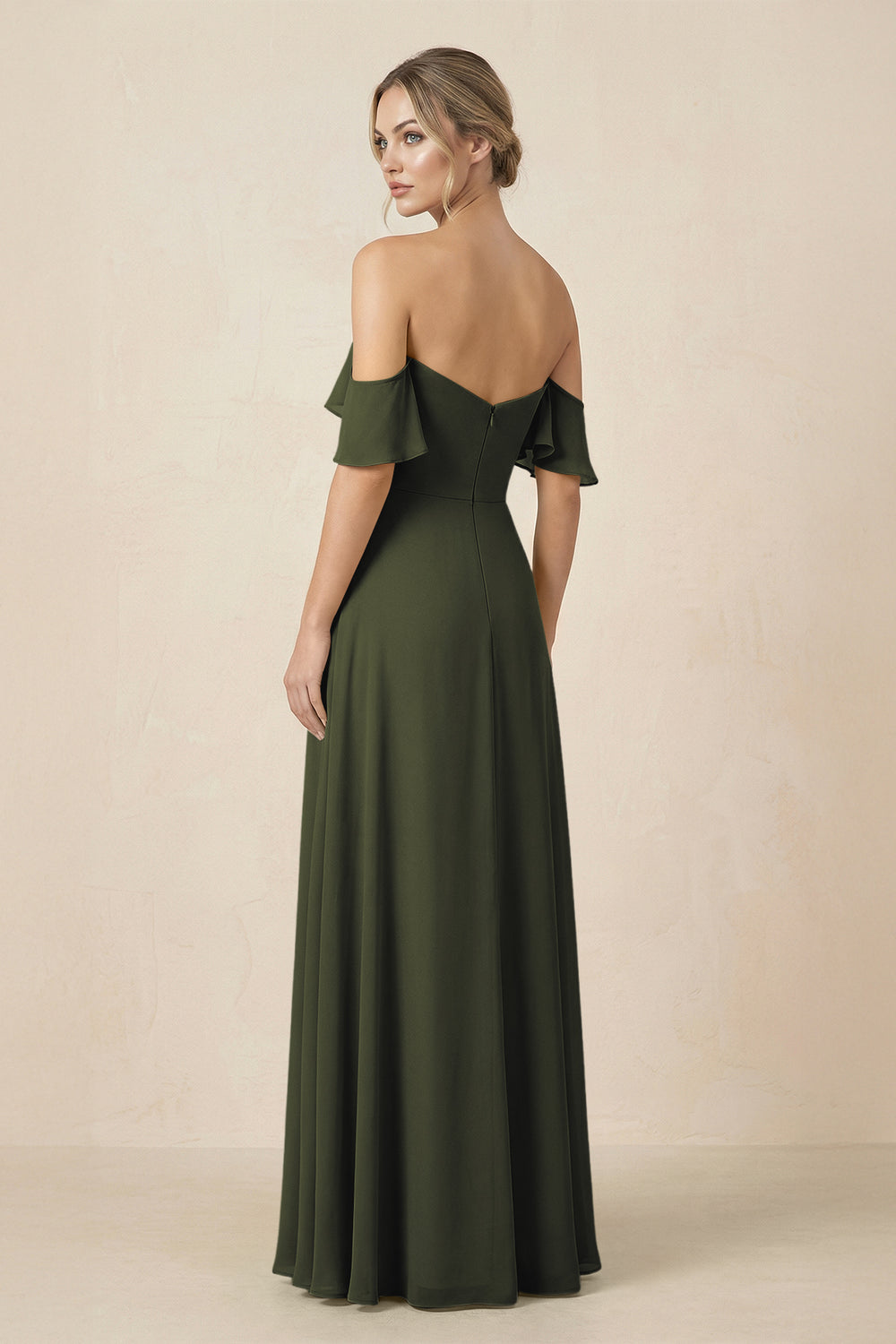 Off-the-Shoulder A-Line Chiffon Ruched Bridesmaid Dress in Olive
