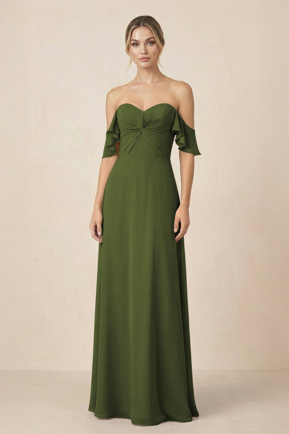 Off-the-Shoulder A-Line Chiffon Ruched Bridesmaid Dress in Olive - KISS BRIDAL BRIDESMAID DRESSES