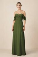 Off-the-Shoulder A-Line Chiffon Ruched Bridesmaid Dress in Olive - SHE IS ME BRIDESMAID DRESSES