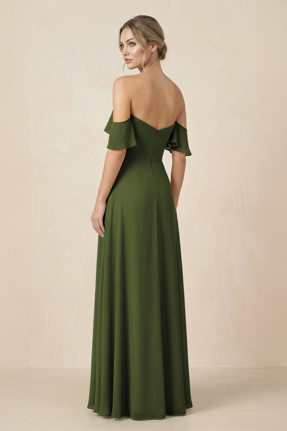 Off-the-Shoulder A-Line Chiffon Ruched Bridesmaid Dress in Olive - KISS BRIDAL BRIDESMAID DRESSES