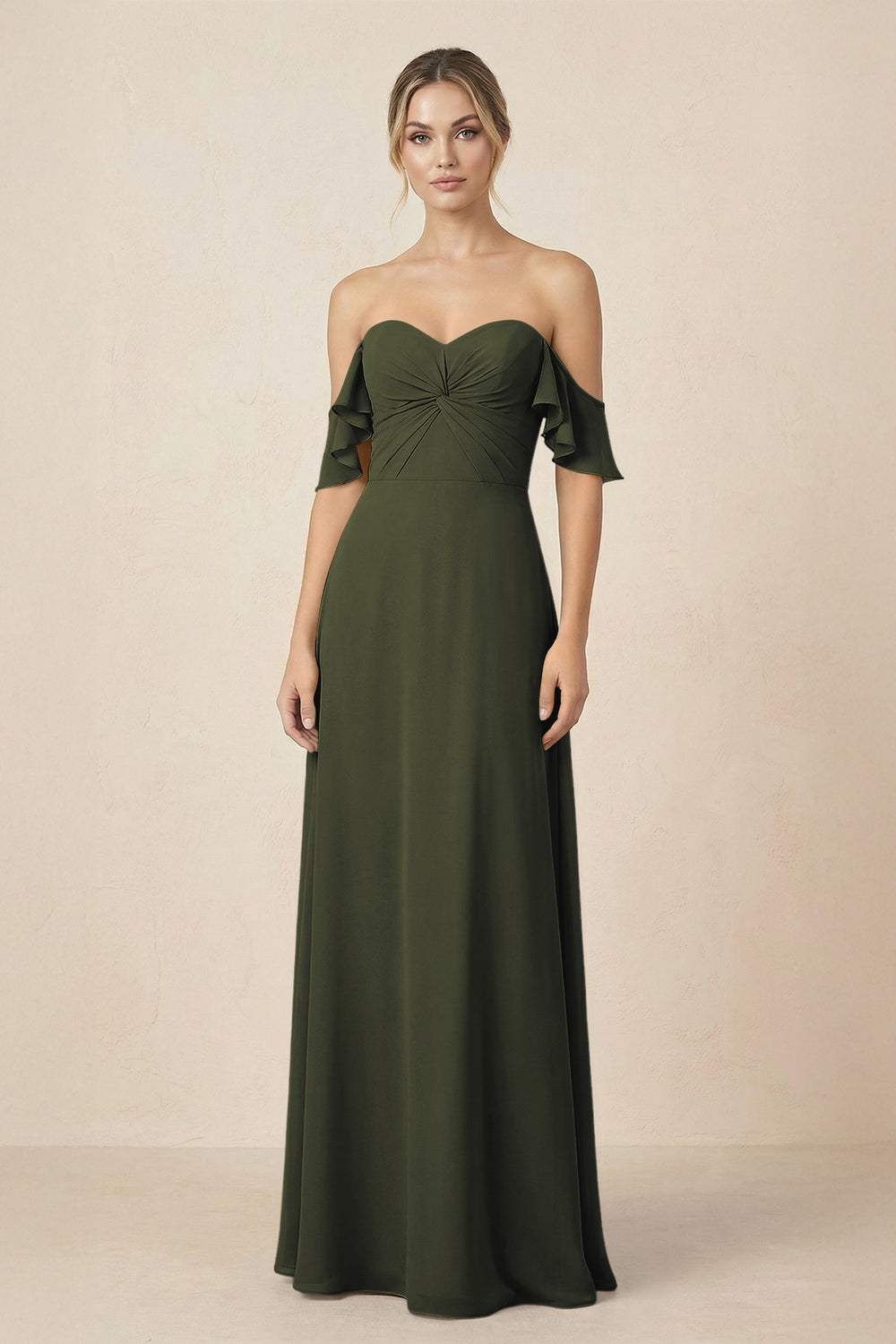 Off-the-Shoulder A-Line Chiffon Ruched Bridesmaid Dress in Olive