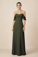 Off-the-Shoulder A-Line Chiffon Ruched Bridesmaid Dress in Olive | KISSBRIDAL